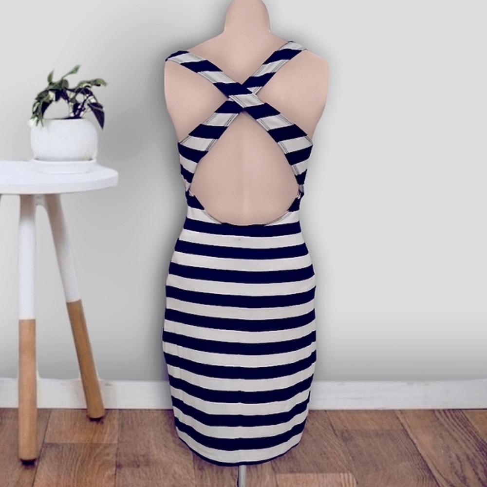 Vintage GARAGE Marine Striped Criss Cross Low Back Halter Bodycon Dress